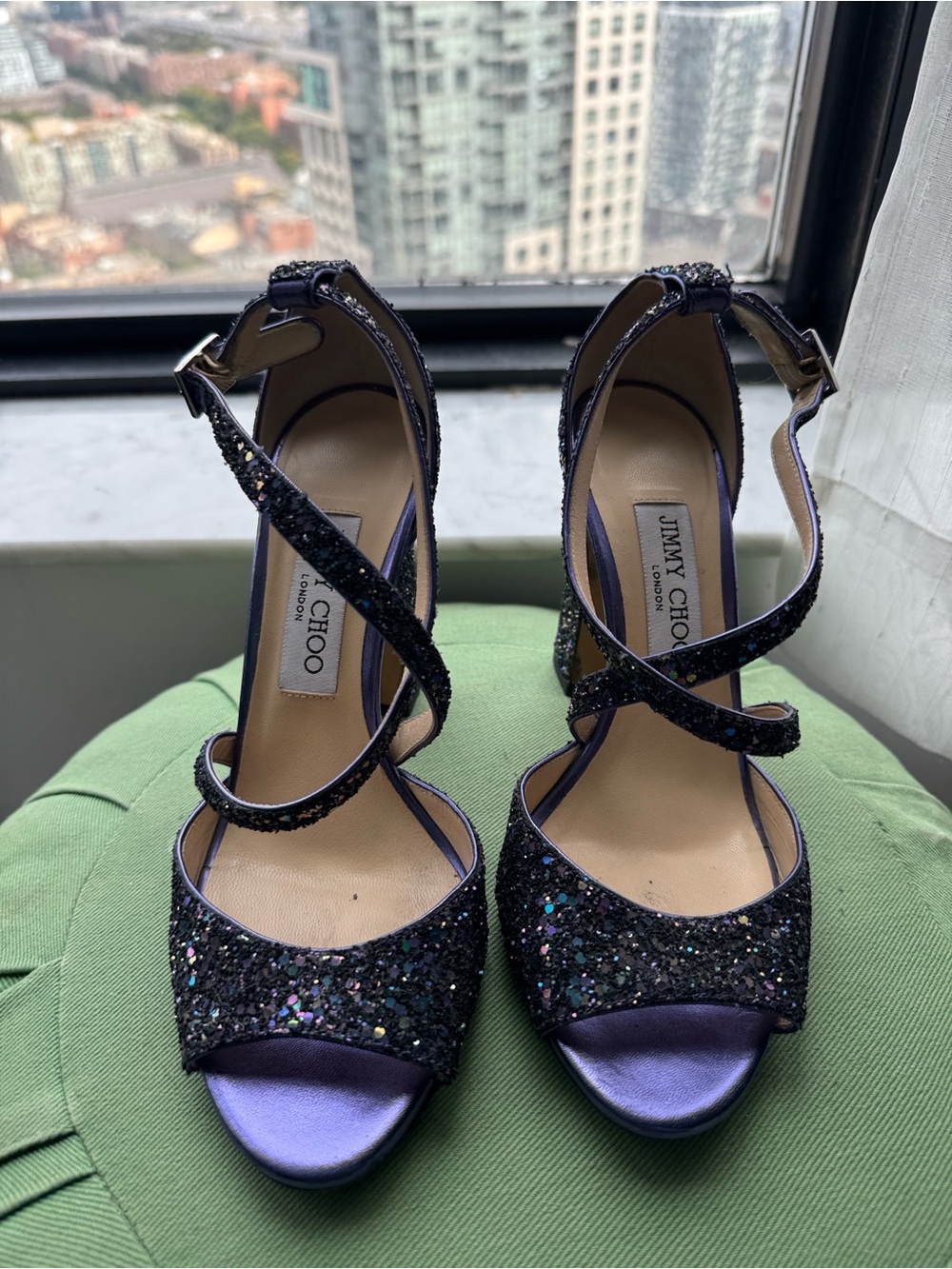 Jimmy Choo Beige and Purple Glitter Crisscross Ankle-Strap Heels